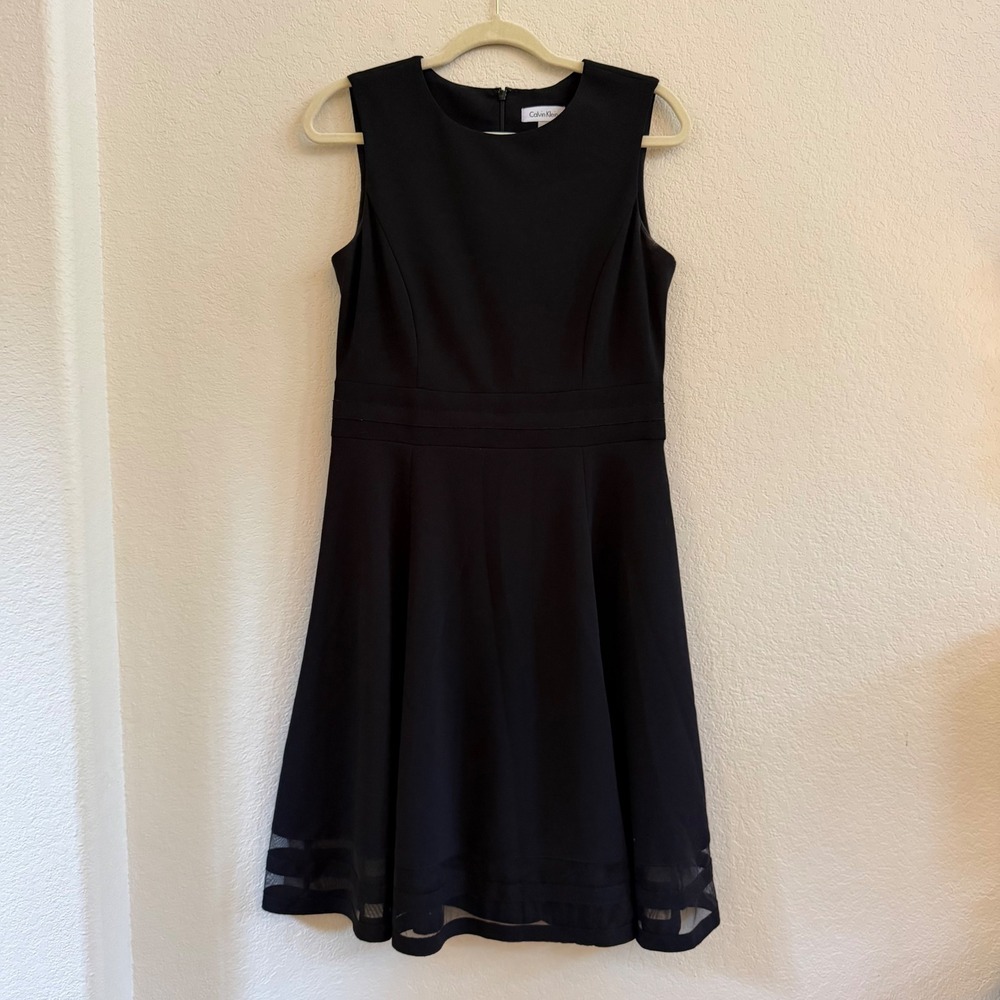 Calvin Klein Womens Black Sleeveless Fit and Flare Mesh Hem Dress Size 8